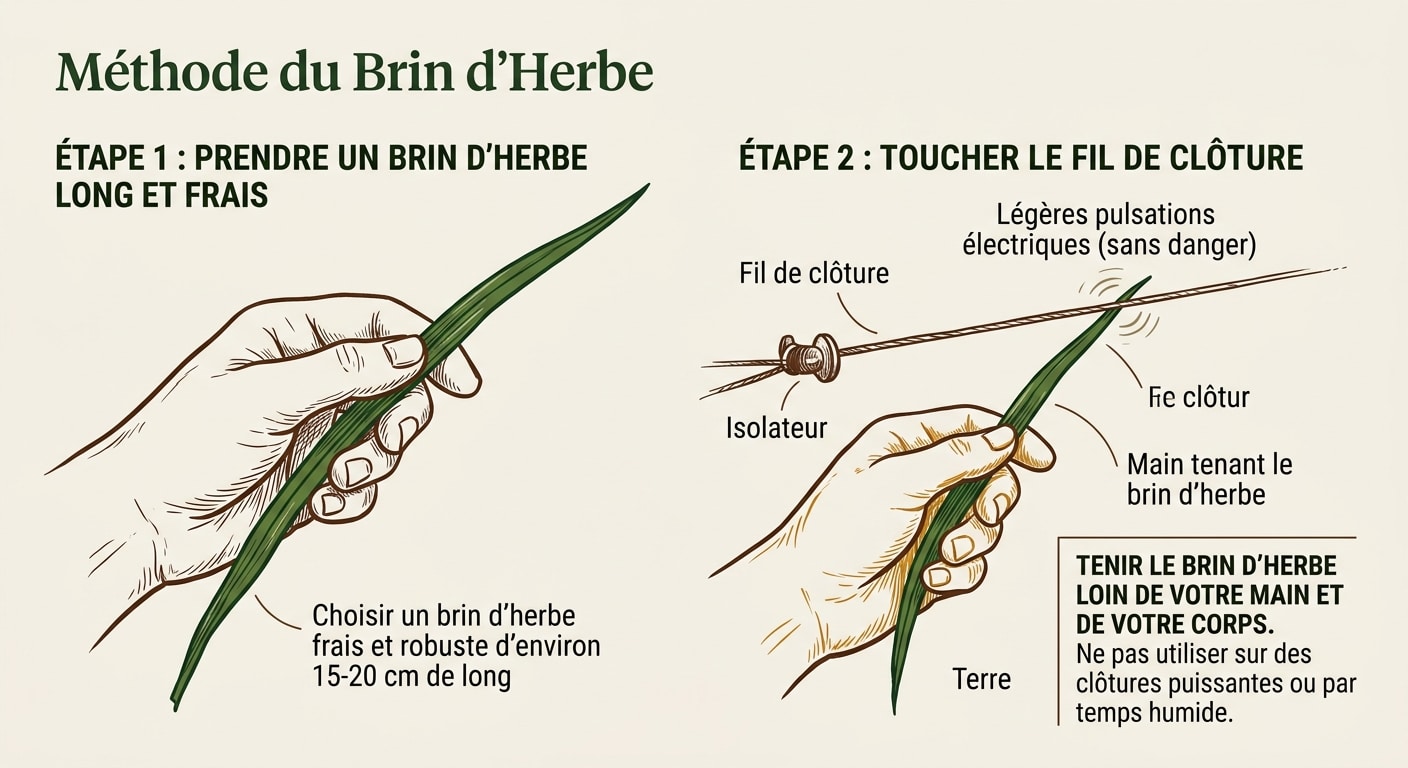 Illustration naturaliste montrant la méthode sécurisée du brin d'herbe pour tester une clôture électrique.