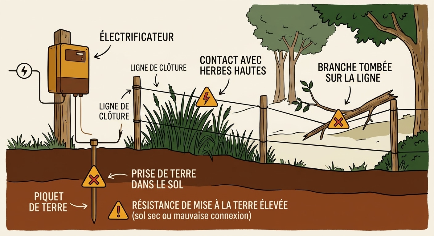 Schéma technique des pannes courantes d'une clôture électrique : contact avec la végétation et problème de prise de terre.