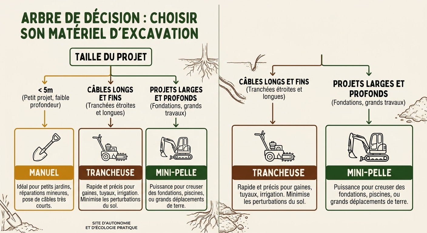 Arbre de décision pour choisir entre pelle, trancheuse de sol et mini-pelle pour son terrassement.