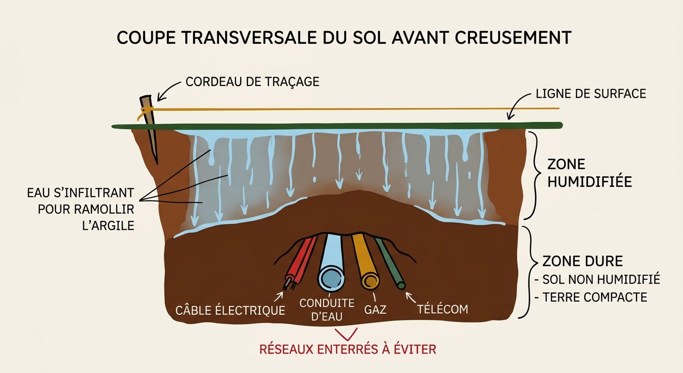 Schéma de préparation d'une tranchée montrant l'humidification du sol et le traçage.