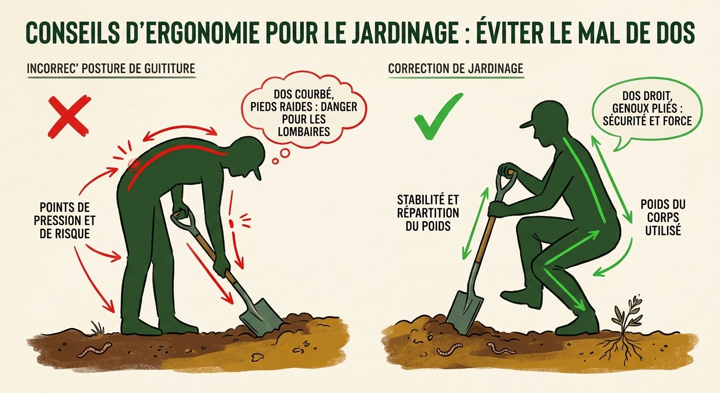 Illustration des bonnes et mauvaises postures ergonomiques pour creuser sans se blesser le dos.