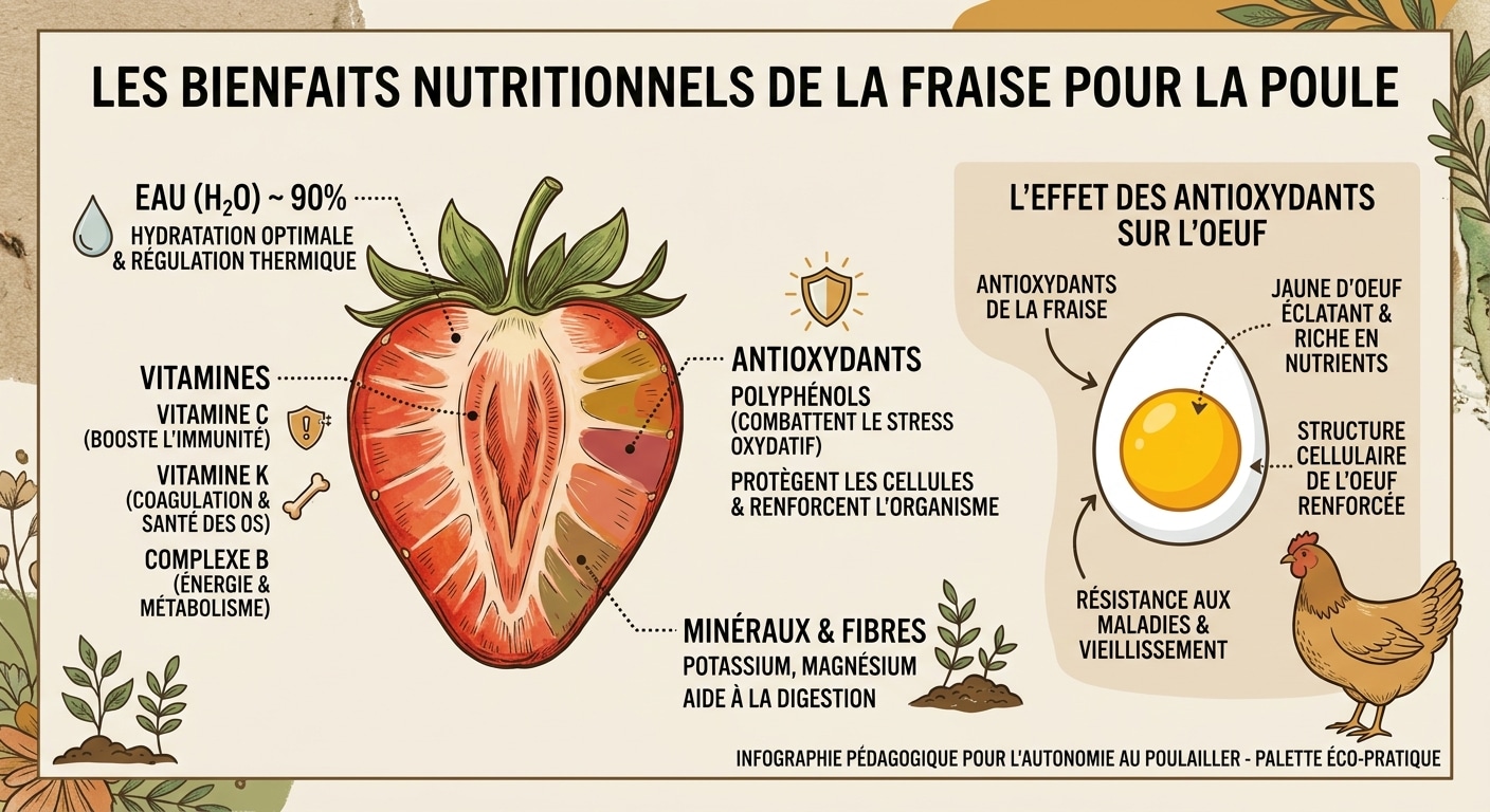Infographie des apports nutritionnels de la fraise pour la santé des poules et la qualité des œufs.