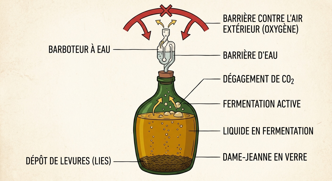 Schéma de fonctionnement d'un fermenteur et son barboteur pour le jus de pomme