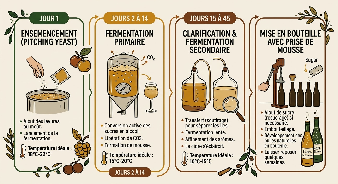 Calendrier et étapes de la fermentation du jus de pomme en cidre