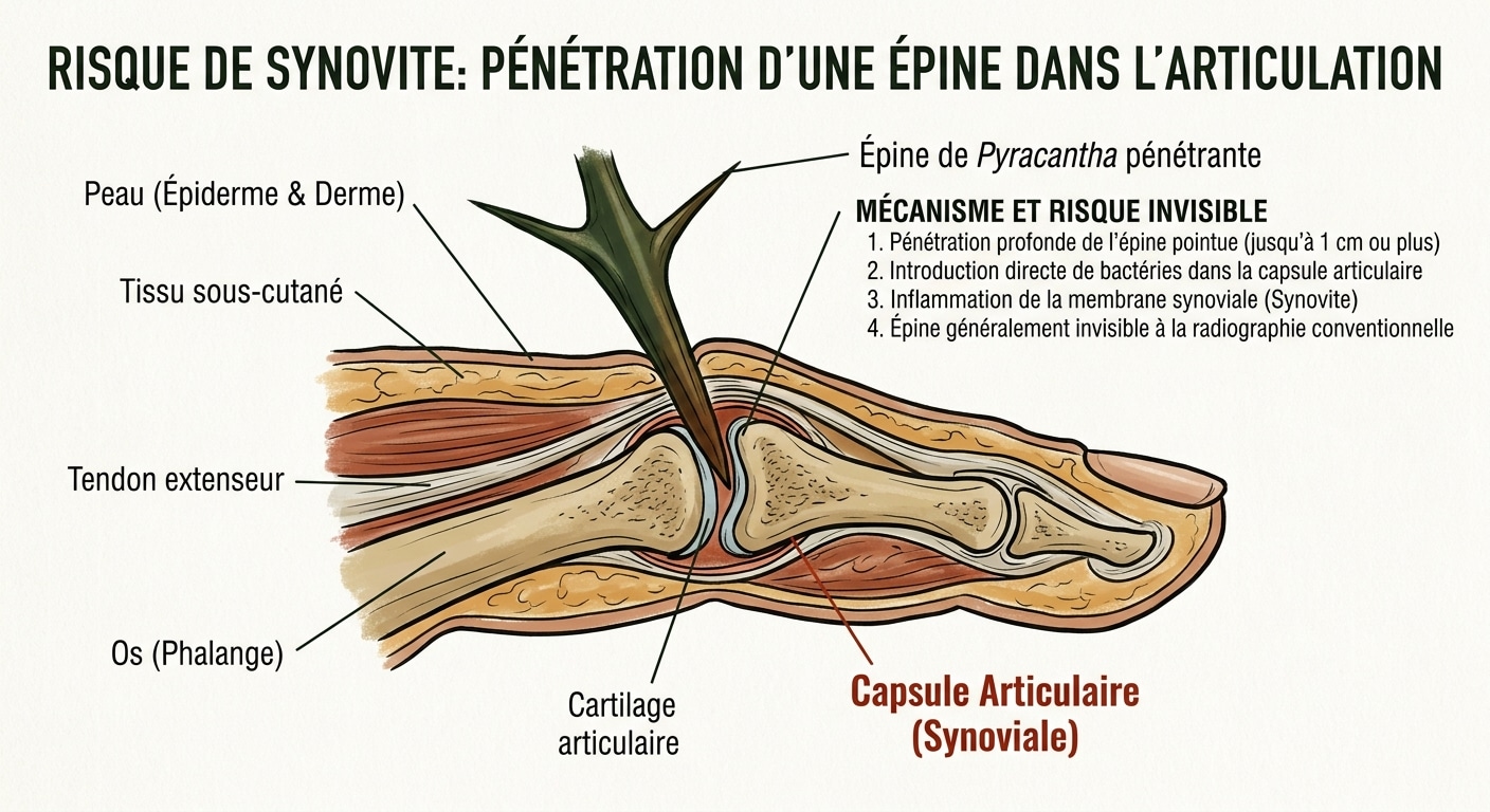Schéma médical en coupe illustrant la pénétration d'une épine de pyracantha dans une articulation.