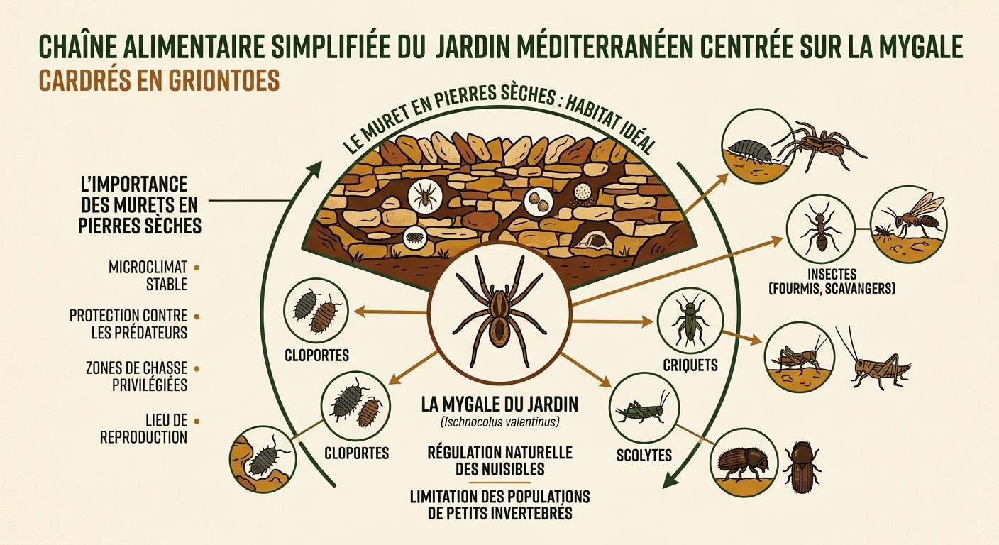 Infographie de la chaîne alimentaire de la mygale dans l'écosystème du jardin méditerranéen et des murs en pierre.