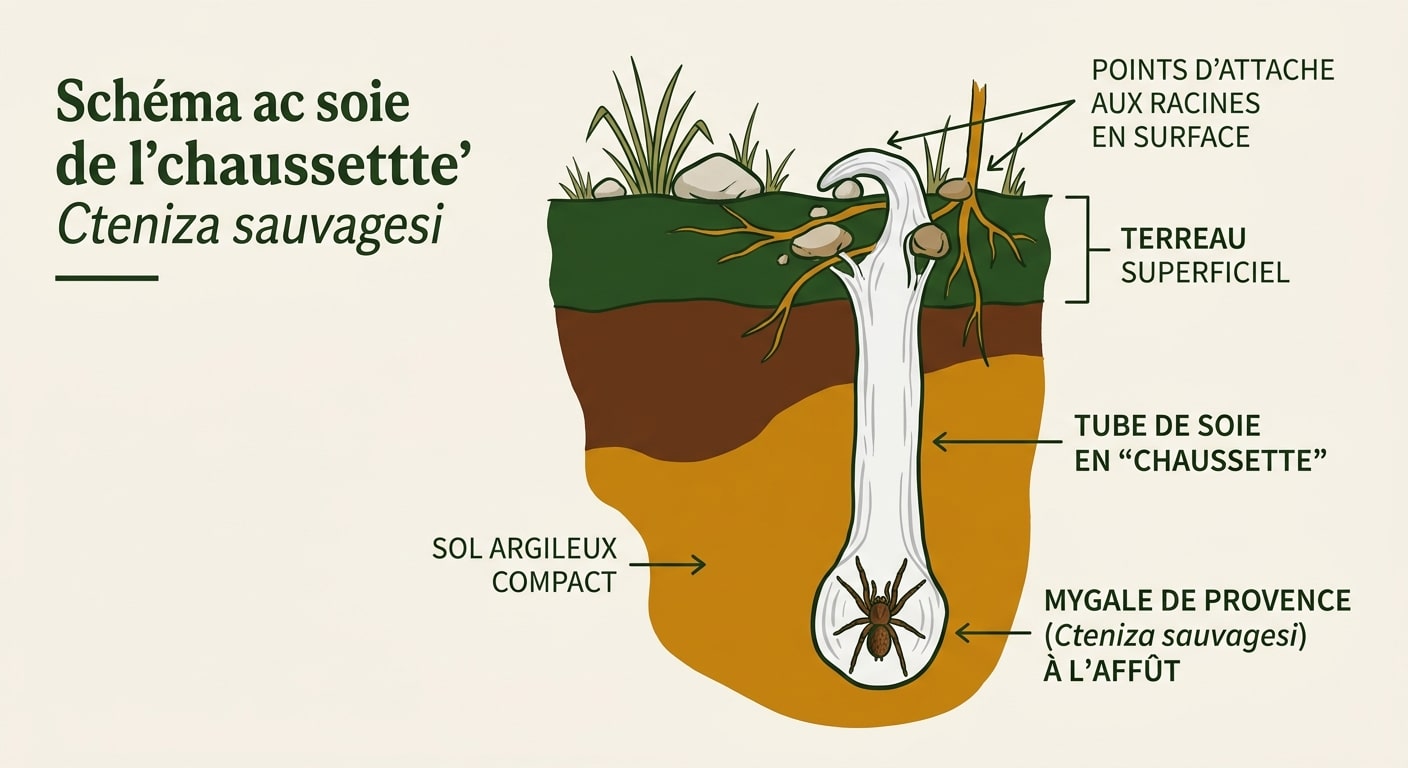 Schéma en coupe transversale du terrier en tube de soie de la mygale Atypus affinis sous la terre.