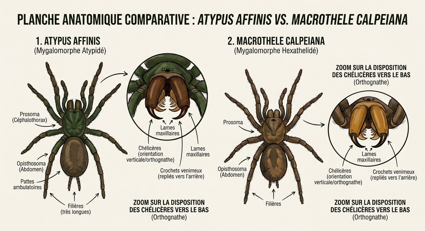Illustration naturaliste comparant la mygale à chaussette et la mygale andalouse avec leurs chélicères.
