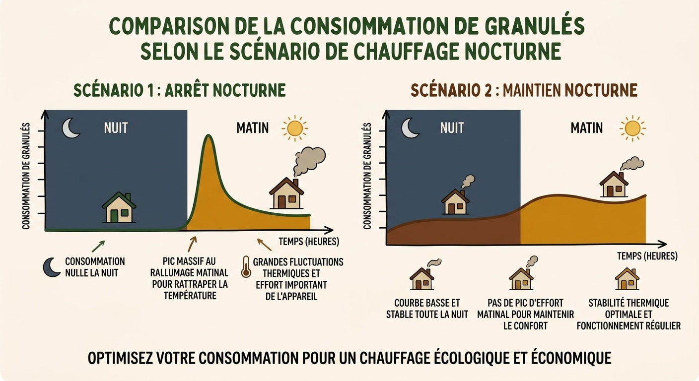 Graphique comparant la consommation de pellets avec arrêt total la nuit versus un maintien de température constant.