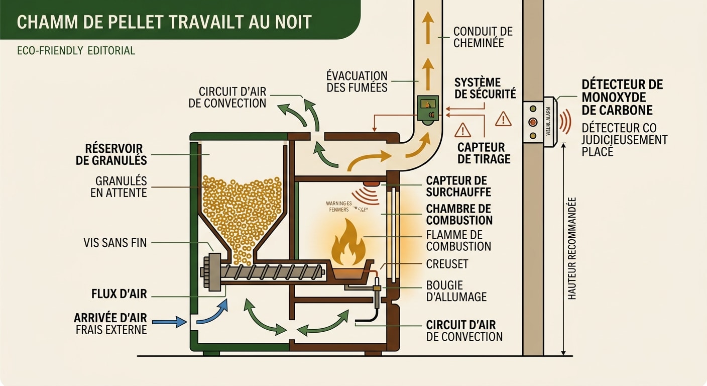 Schéma technique des sécurités intégrées d'un poêle à granulés moderne permettant de l'utiliser la nuit en toute sécurité.