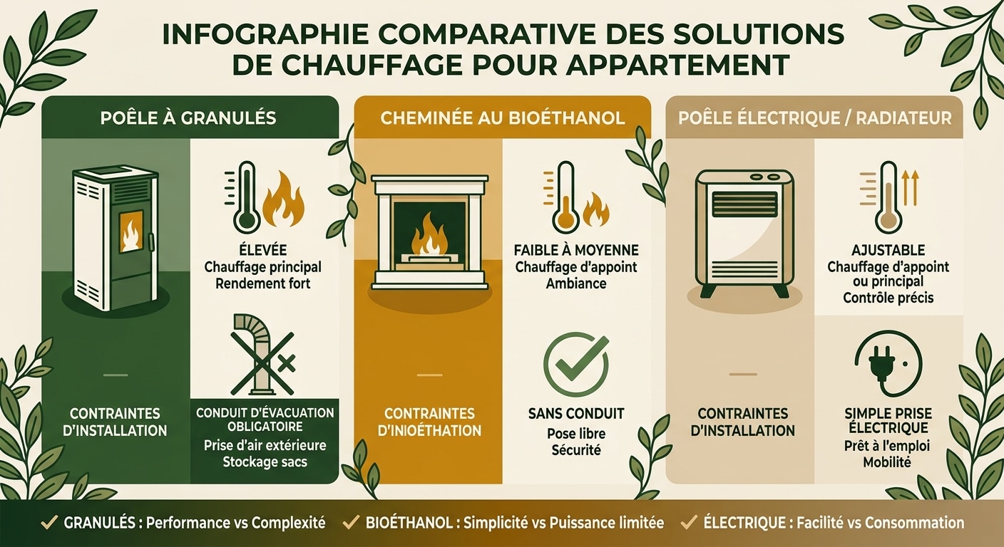 Infographie comparative des différentes solutions de poêles sans conduit pour un appartement.