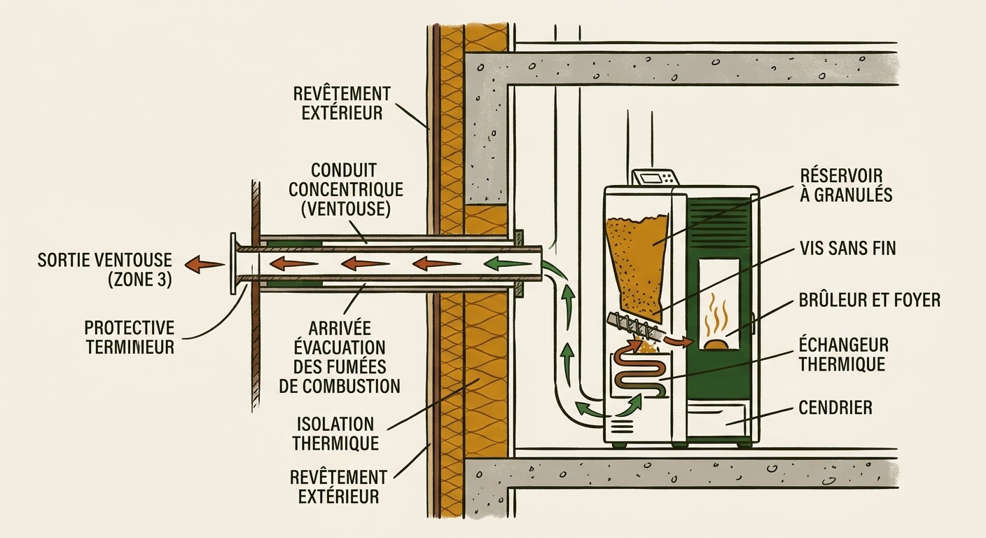Schéma de fonctionnement d'un poêle à granulés étanche avec installation en ventouse.