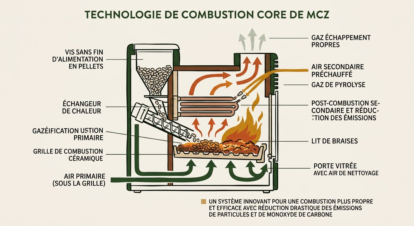 Diagramme de la technologie de combustion Core d'un poêle MCZ réduisant les émissions