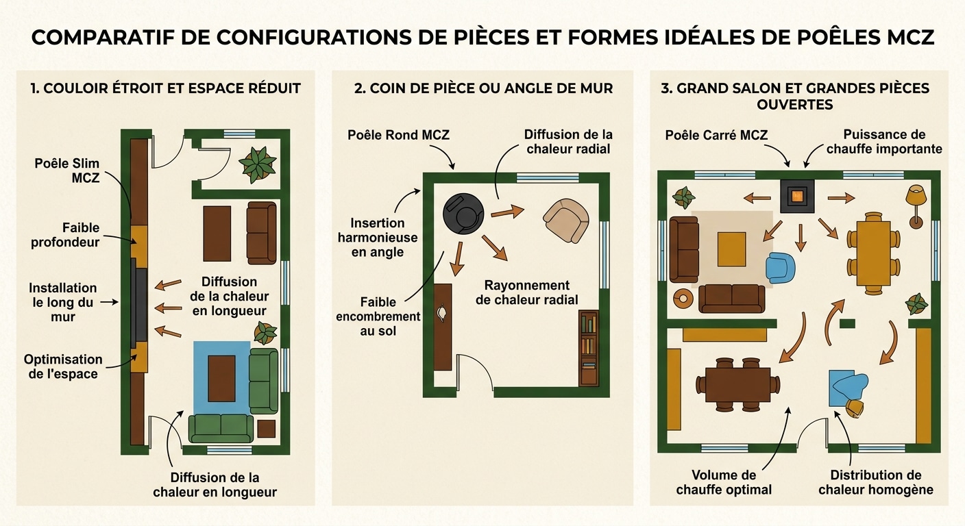 Infographie pour choisir la forme de son poêle à granulés selon l'espace disponible