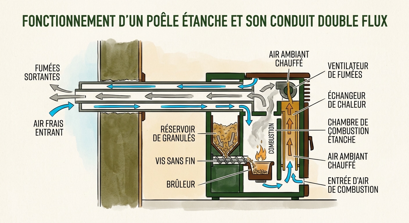 Fonctionnement du conduit concentrique double flux pour un poêle à granulés étanche en sortie ventouse.