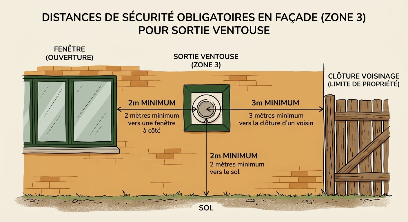 Distances de sécurité réglementaires pour une sortie ventouse en façade (portes, fenêtres, sol et voisins).
