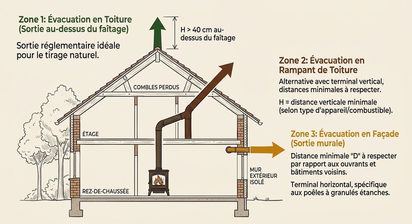 Schéma des zones 1, 2 et 3 pour l'évacuation des fumées d'un poêle à granulés selon le DTU 24.1.