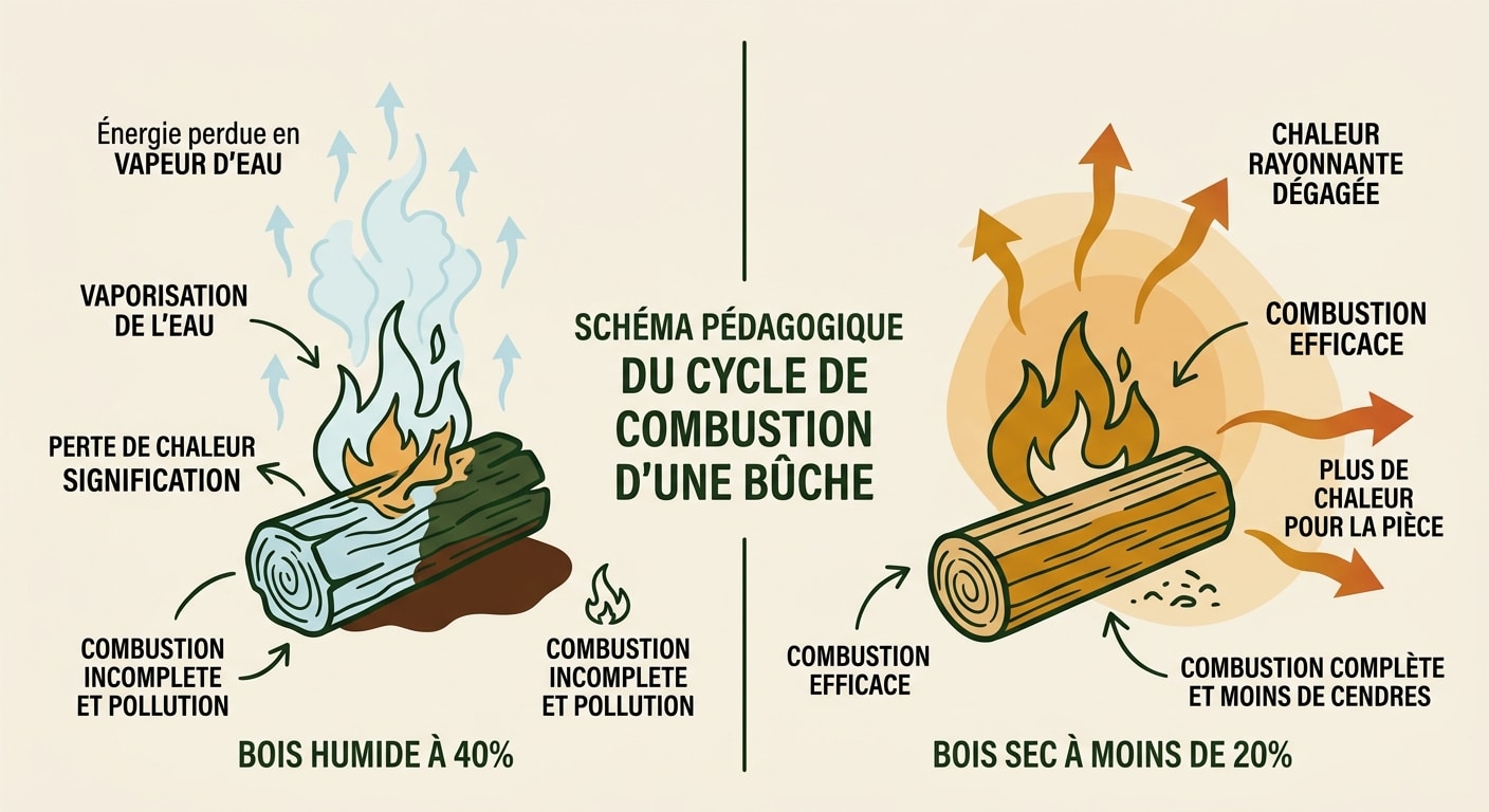 Schéma technique montrant la perte d'énergie thermique provoquée par l'évaporation de l'eau dans une bûche humide.