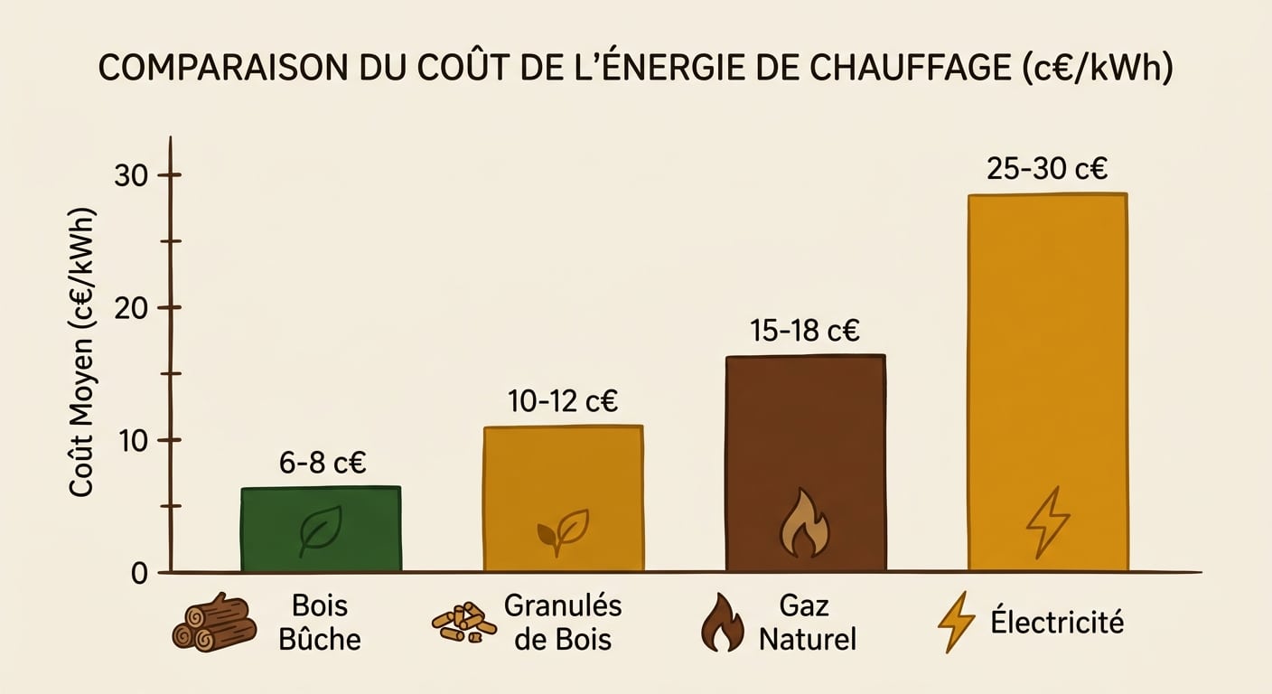 Graphique comparatif du coût du kWh des différentes énergies : le bois bûche reste l'énergie la plus rentable.