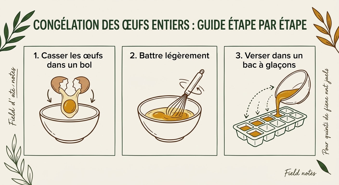 Schéma étape par étape expliquant comment congeler des œufs frais