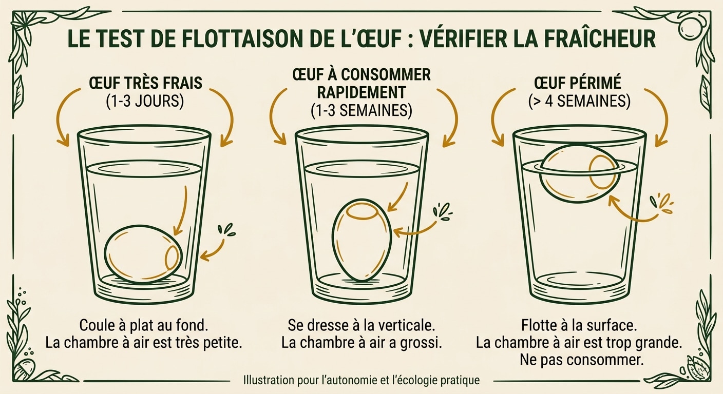 Schéma du test de fraîcheur de l'œuf dans un grand verre d'eau