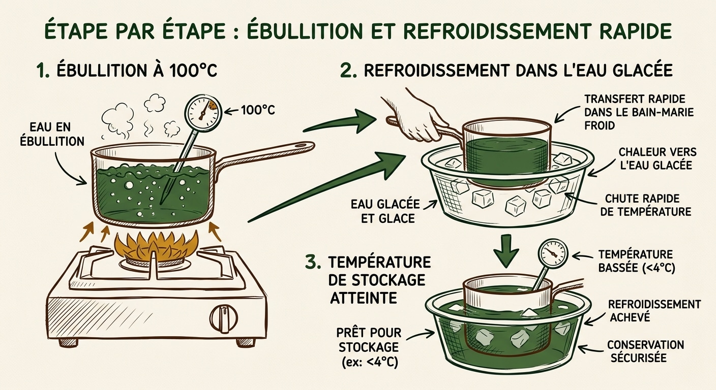 Schéma technique de l'ébullition à 100°C et du refroidissement rapide du lait cru au bain-marie.