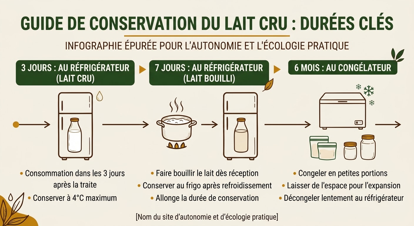 Infographie des temps de conservation du lait cru avant et après ébullition au réfrigérateur et congélateur.