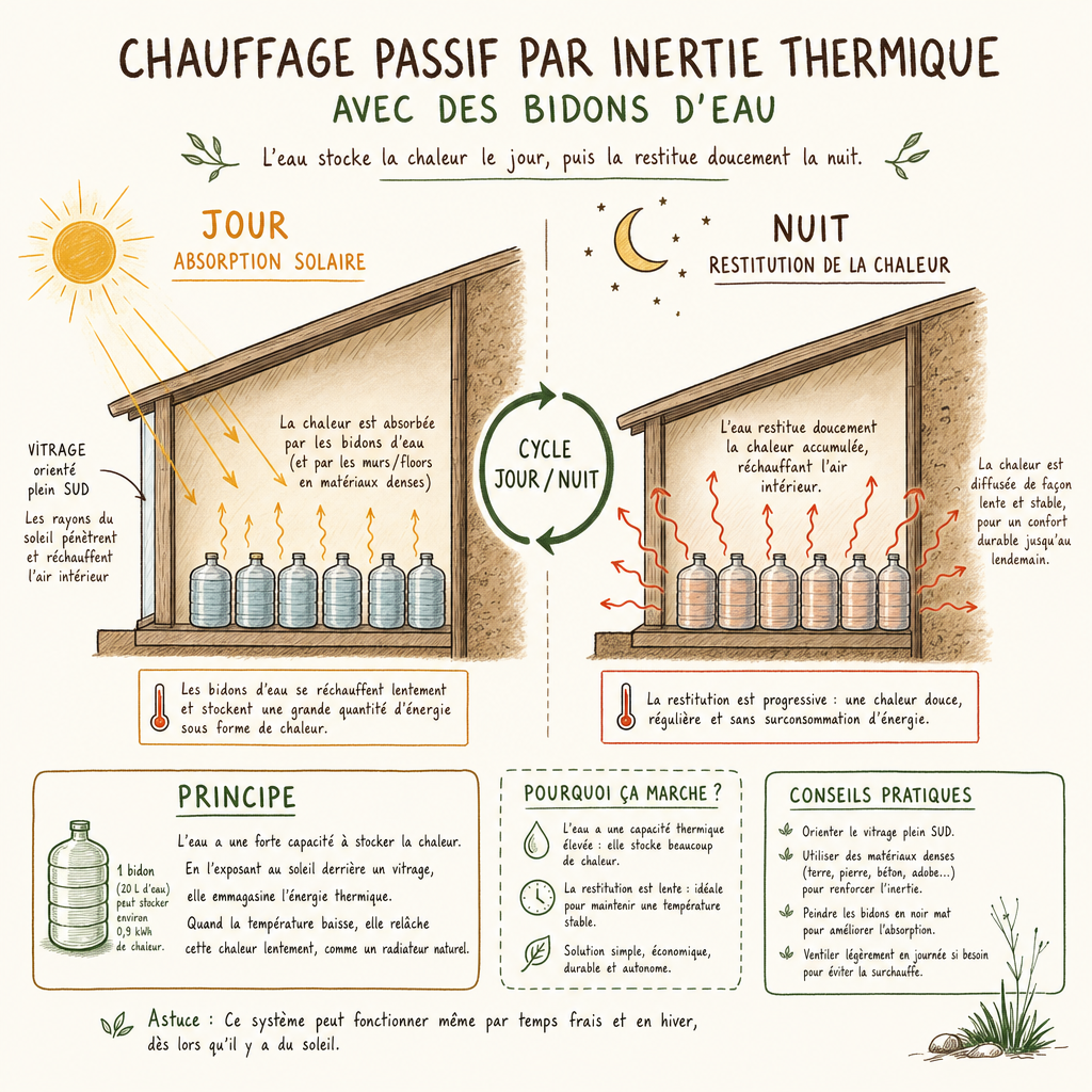 Fonctionnement du chauffage passif de serre par inertie thermique utilisant des bidons d'eau peints en noir