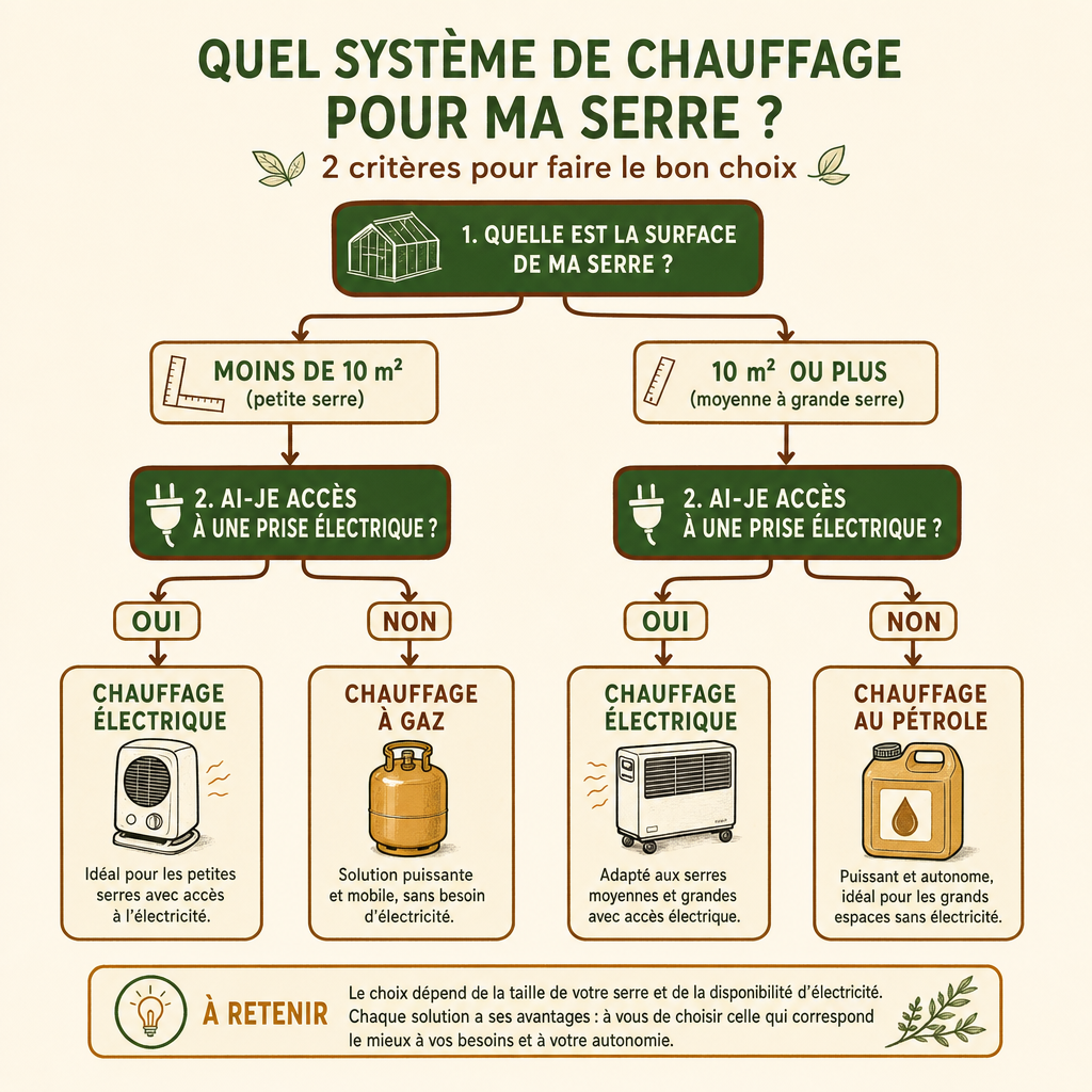 Arbre de décision pour choisir facilement le système de chauffage adapté à sa serre selon la surface et l'énergie
