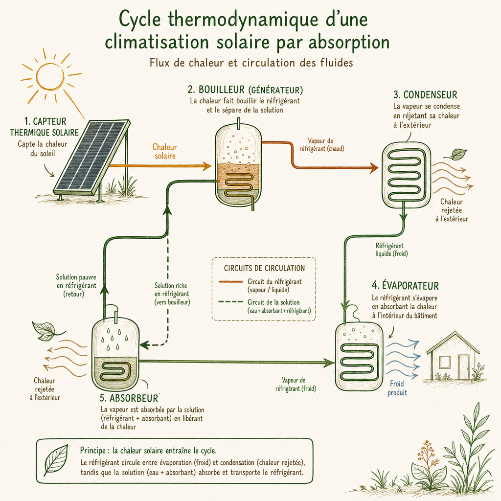 Diagramme du cycle de refroidissement par absorption d'une climatisation solaire thermique