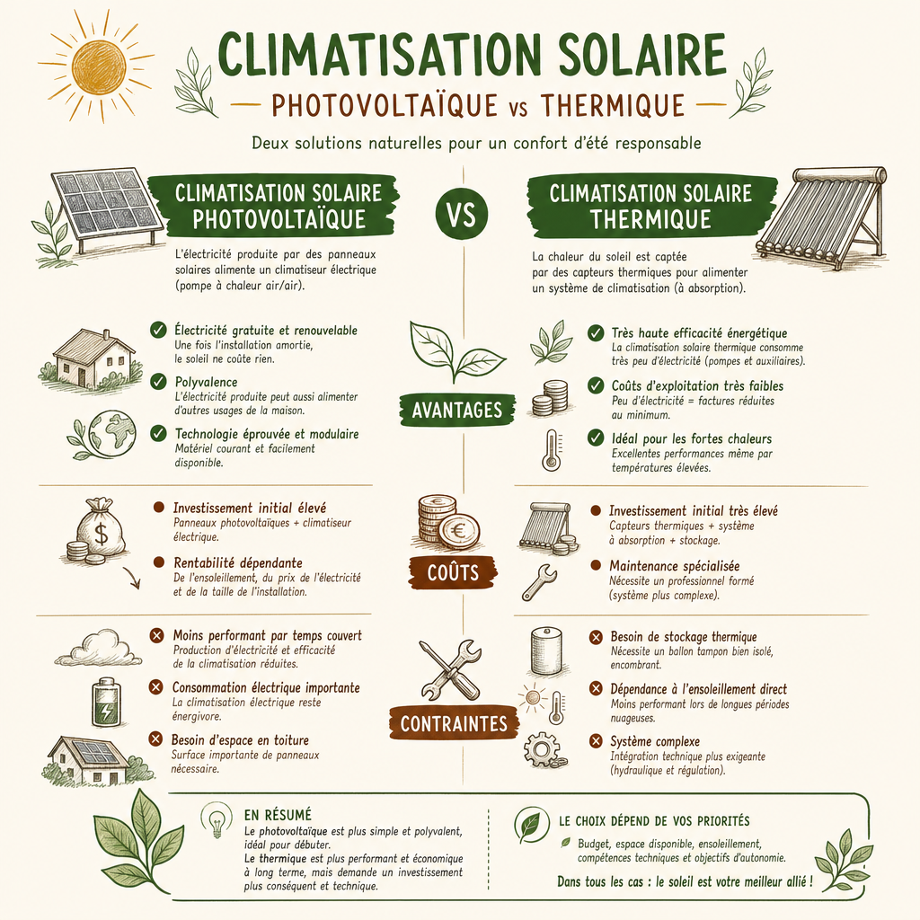 Comparatif infographique entre climatisation solaire photovoltaïque et thermique