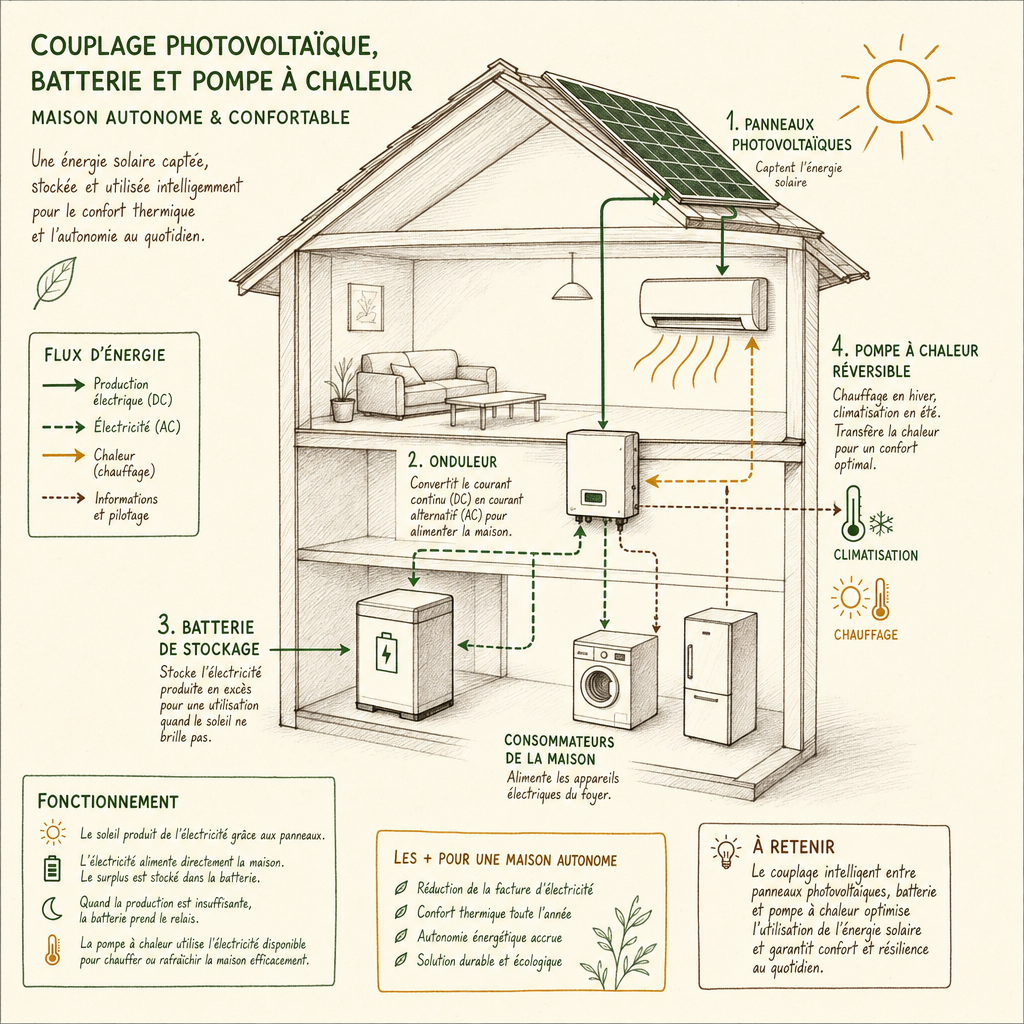 Schéma de fonctionnement d'une climatisation solaire photovoltaïque avec batterie pour une maison