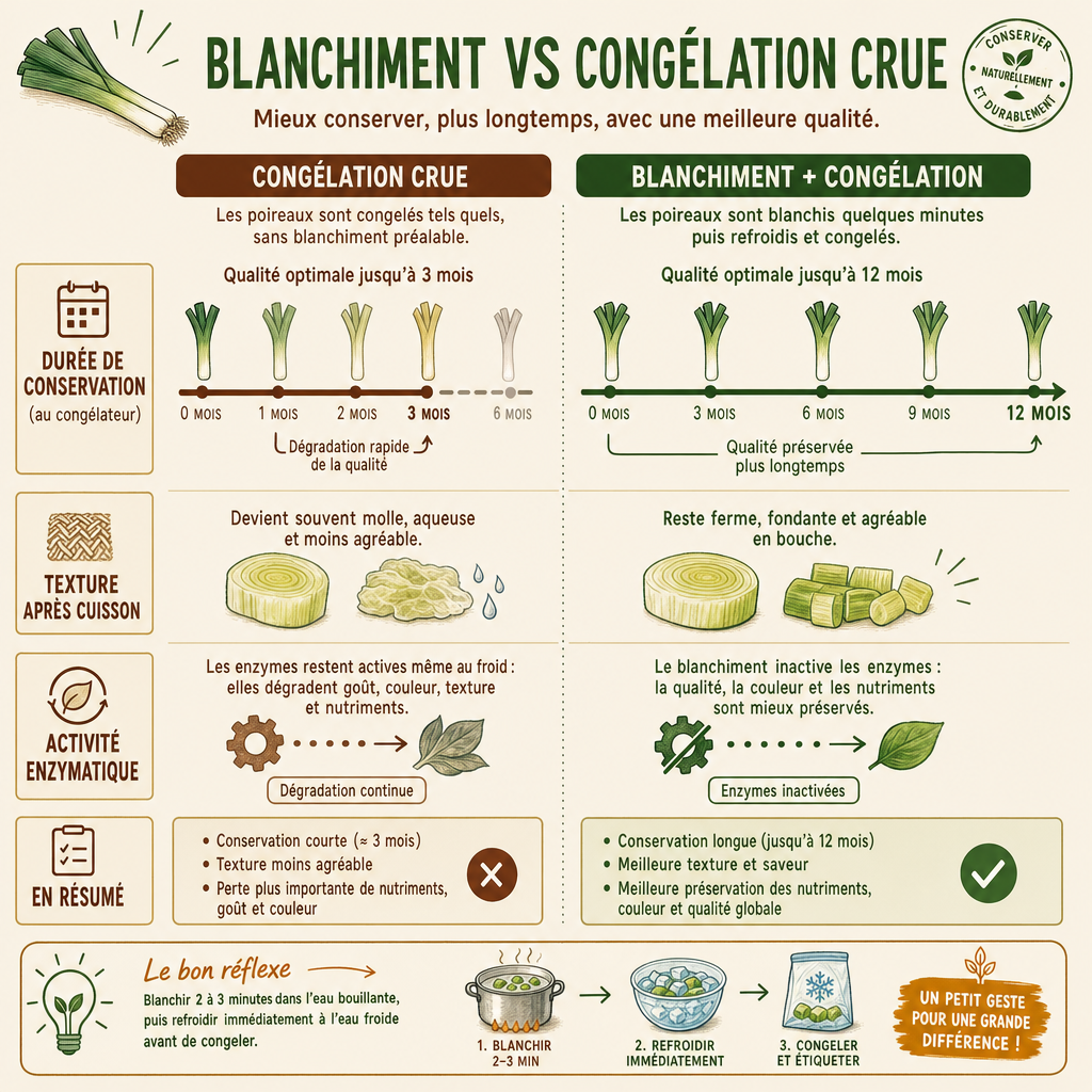 Infographie comparant la conservation et les propriétés des poireaux blanchis face aux poireaux congelés crus.