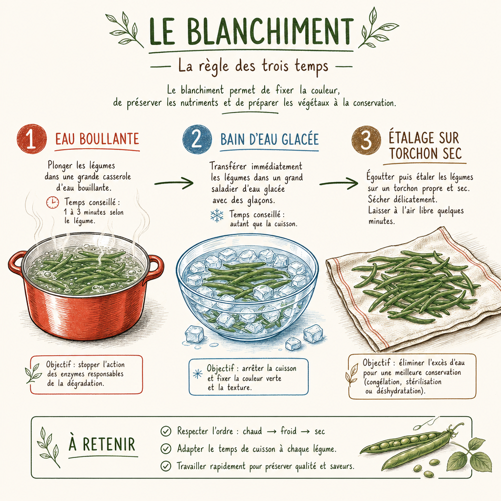 Schéma technique des trois étapes du blanchiment : immersion bouillante, choc thermique et séchage complet.