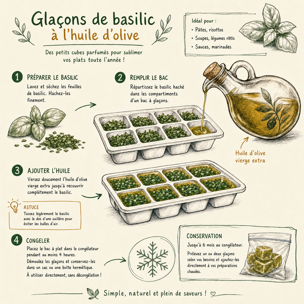 Illustration du processus de fabrication de glaçons de basilic et d'huile d'olive