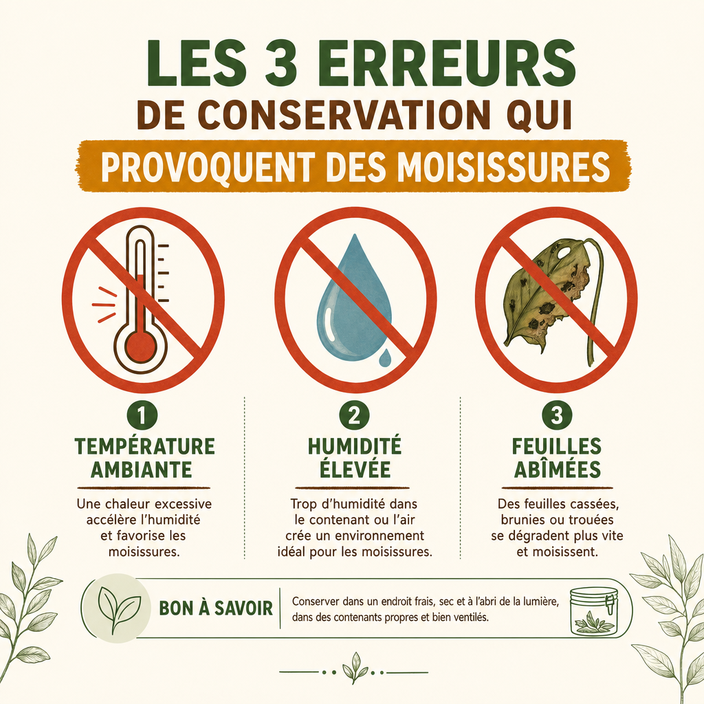 Infographie des 3 erreurs causant la moisissure du basilic dans l'huile
