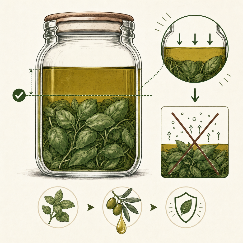 Schéma technique montrant l'immersion totale du basilic sous l'huile d'olive