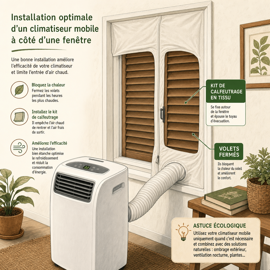 Illustration montrant l'installation correcte d'un kit de calfeutrage pour fenêtre couplé à la fermeture des volets.