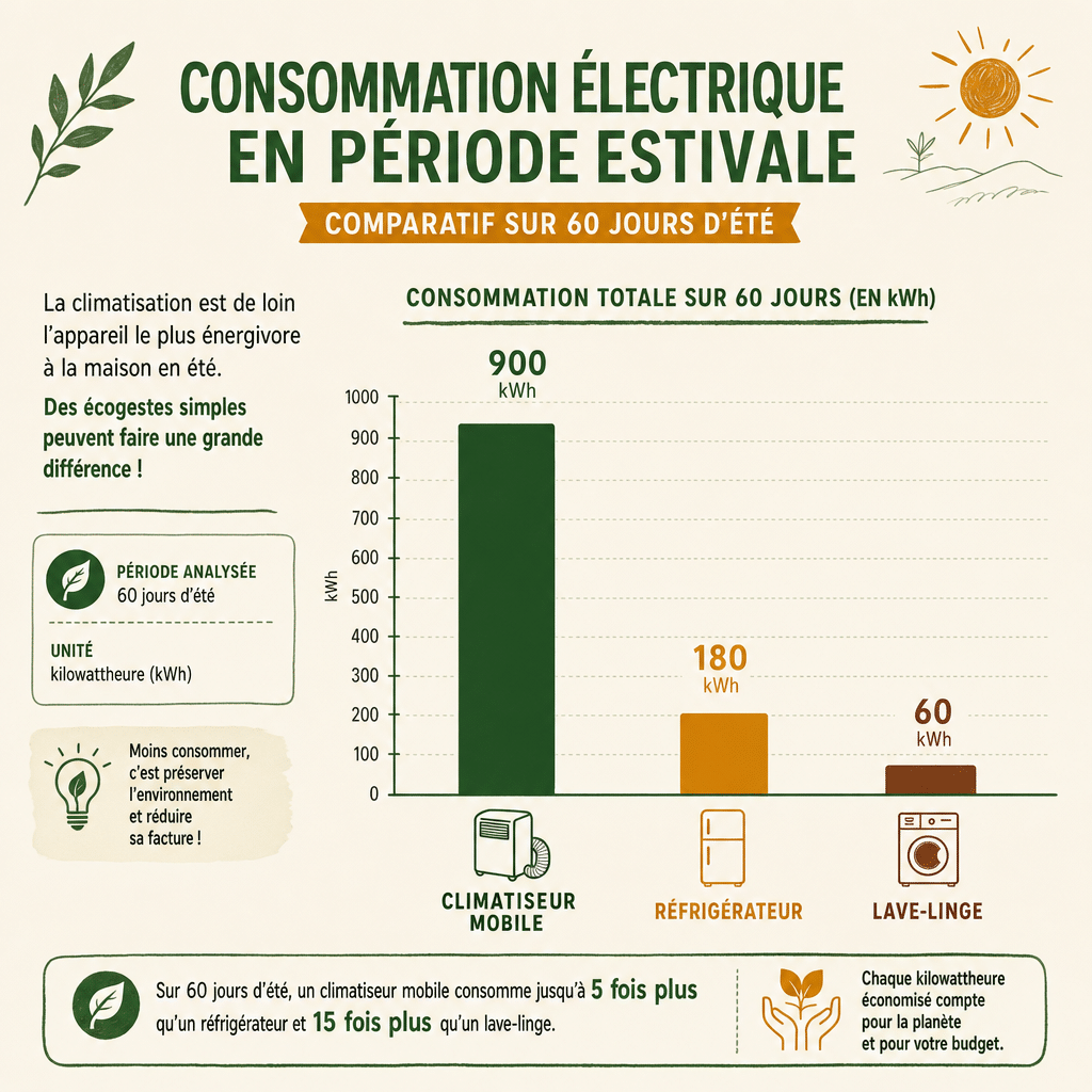 Infographie comparant la forte consommation estivale d'un climatiseur mobile par rapport aux autres appareils électroménagers.