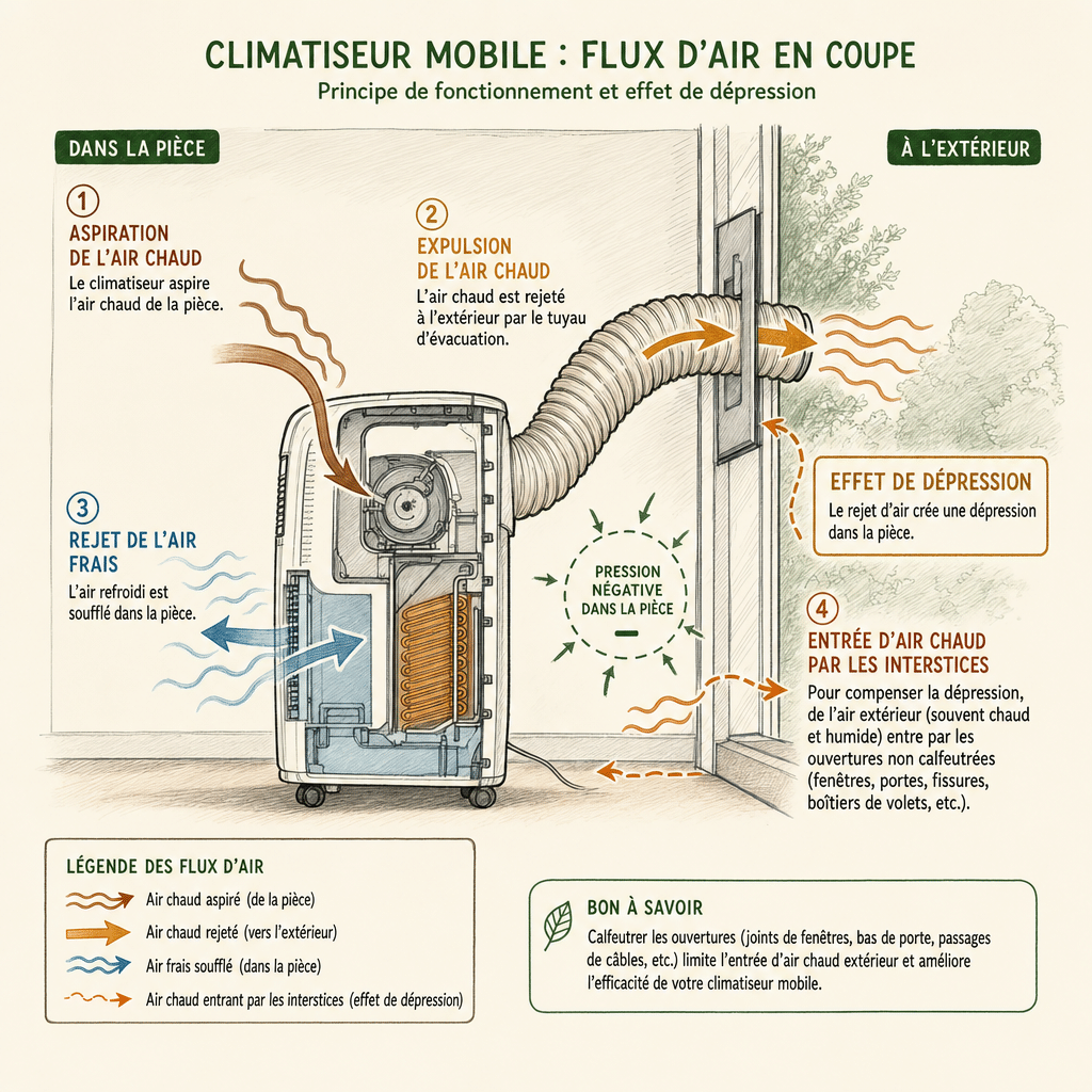 Schéma expliquant le fonctionnement d'un climatiseur mobile à évacuation et la perte d'efficacité due à l'effet de dépression.