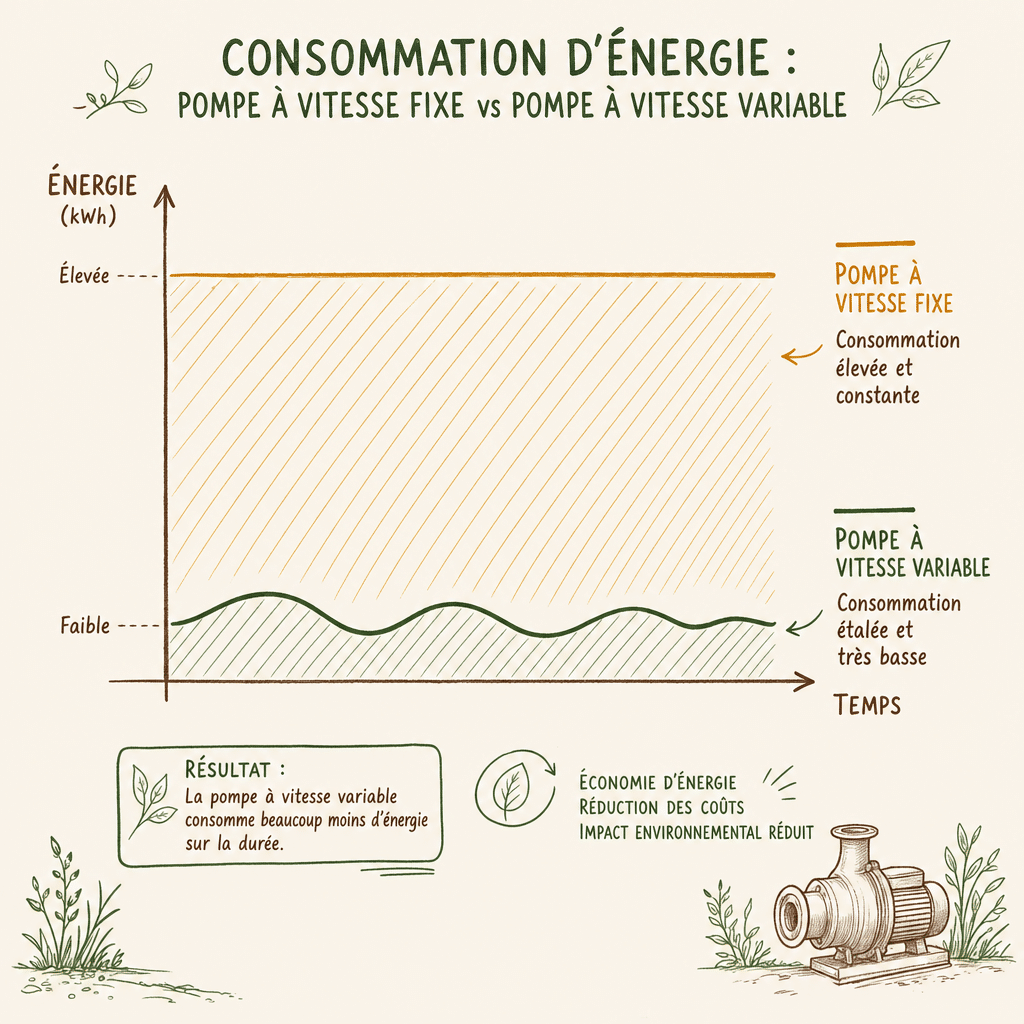 Diagramme comparant l'efficacité énergétique d'une pompe à vitesse variable face à un modèle classique.