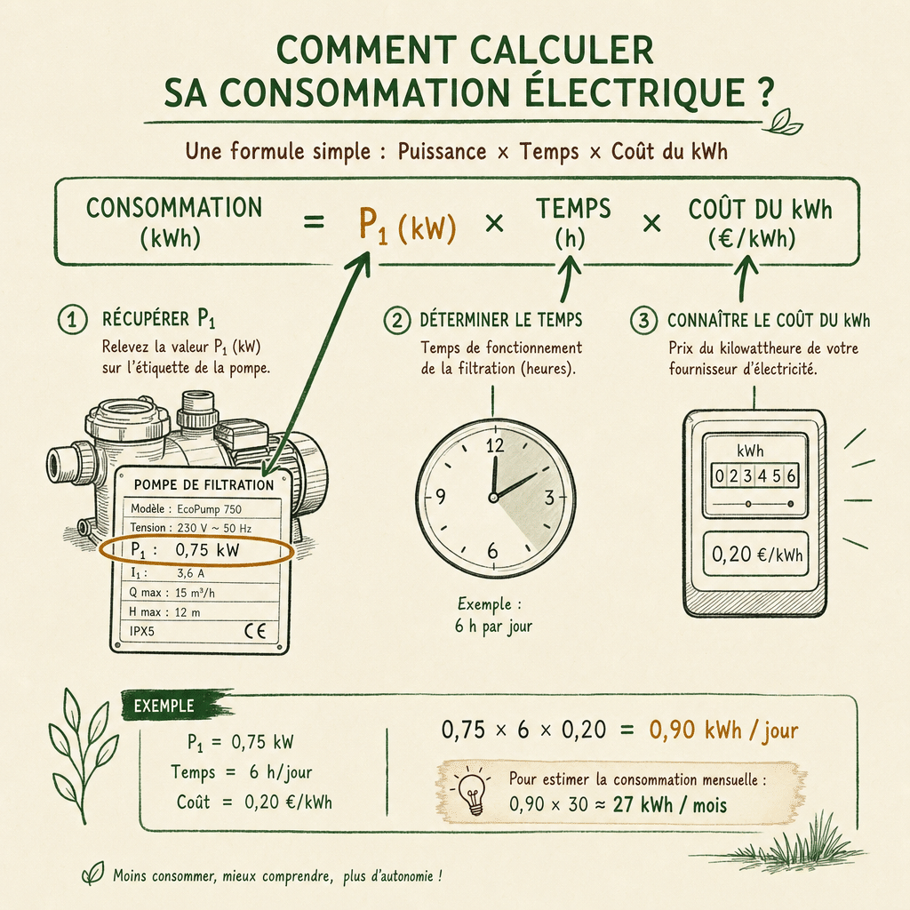 Schéma explicatif de la formule de calcul de la consommation électrique d'une pompe de piscine avec P1.