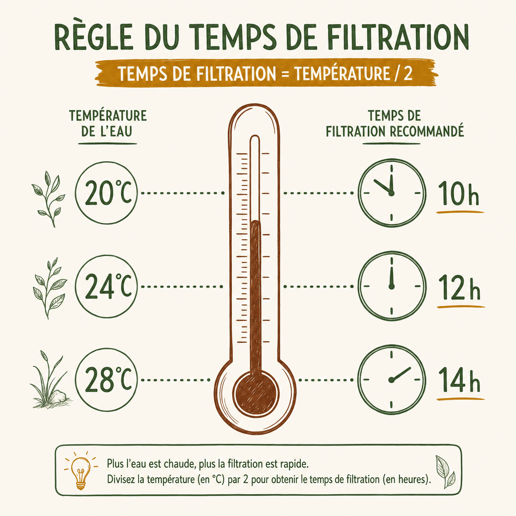 Infographie liant la température de l'eau de la piscine au temps de filtration quotidien recommandé.