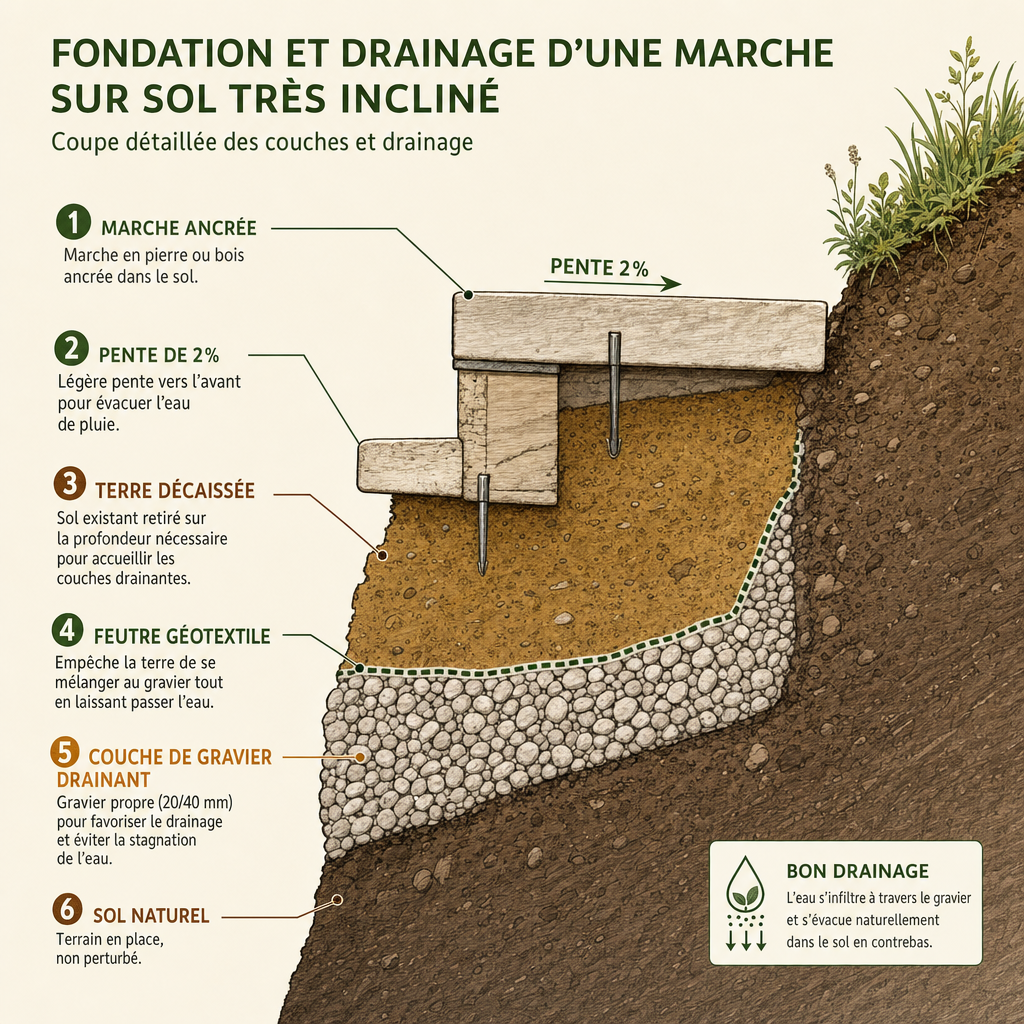 Coupe transversale des fondations et du drainage d'une marche d'escalier sur terrain en pente
