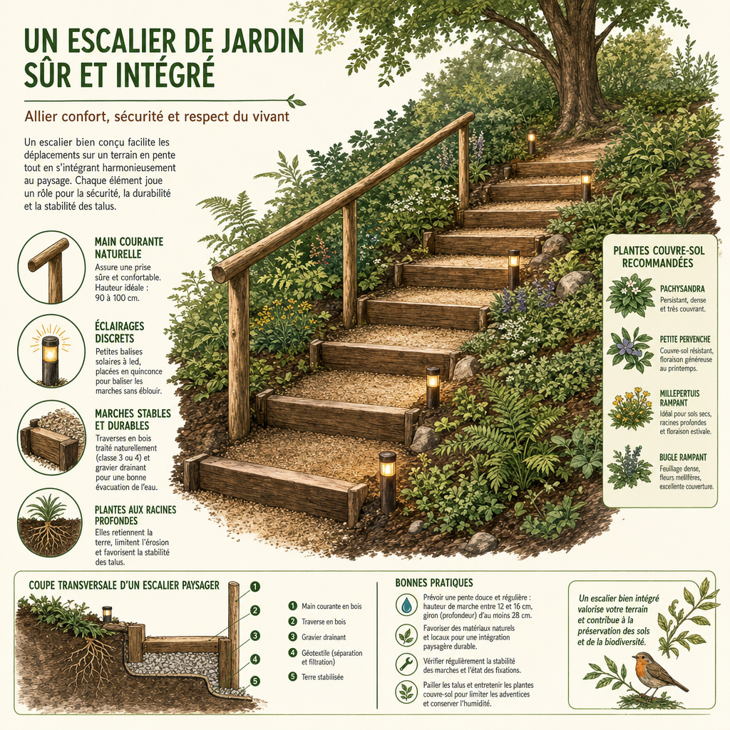 Illustration d'un escalier de jardin aménagé avec garde-corps, éclairage et plantes de soutènement