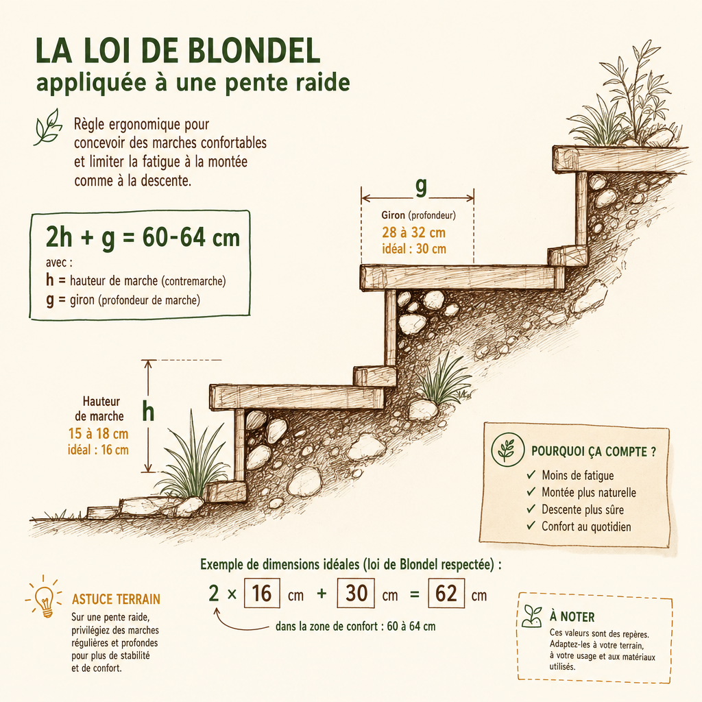 Schéma technique de la loi de Blondel pour le calcul des marches d'un escalier de jardin en pente