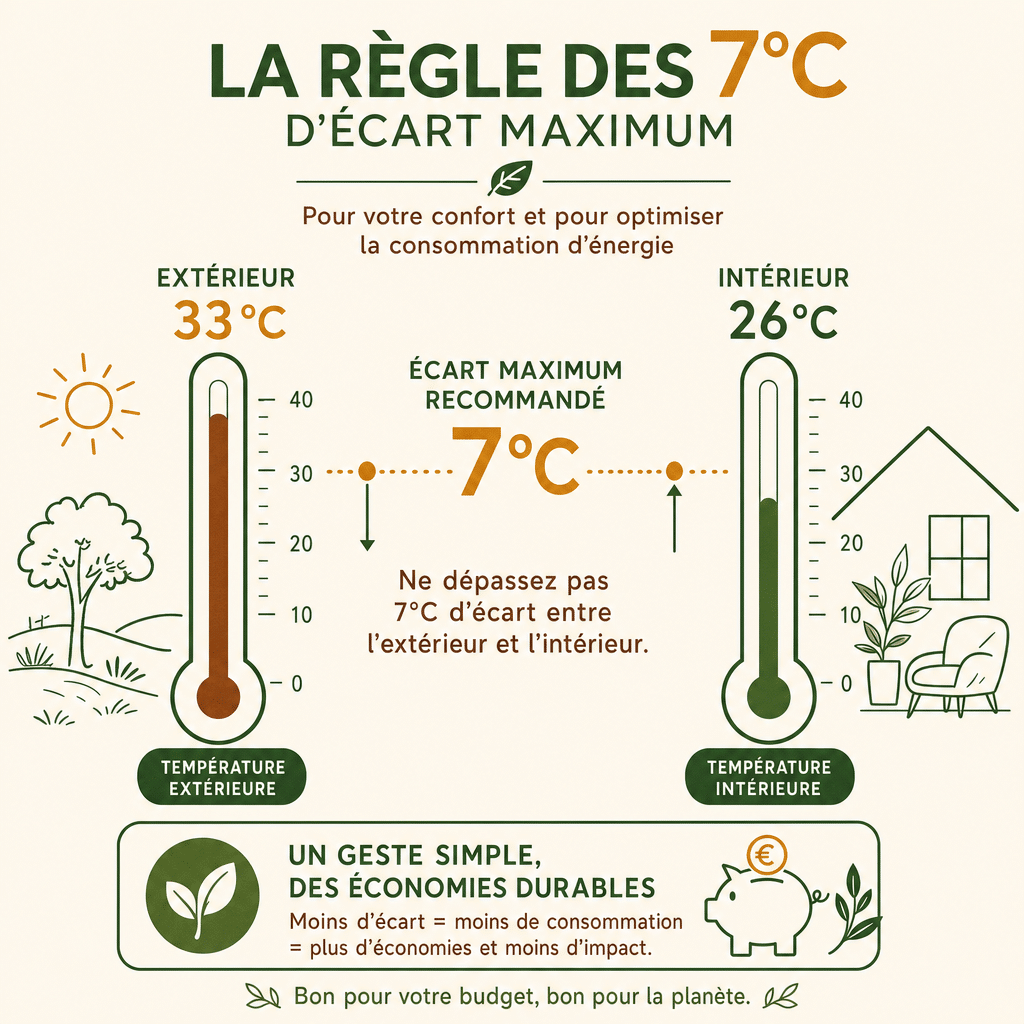 Diagramme illustrant l'écart de température idéal de 7 degrés entre l'intérieur et l'extérieur pour économiser l'énergie.