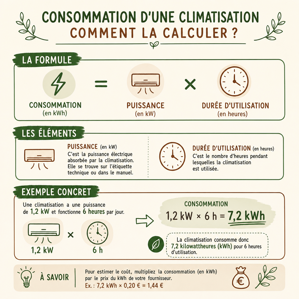 Infographie pédagogique illustrant la formule de calcul de la consommation électrique d'une climatisation en kWh.
