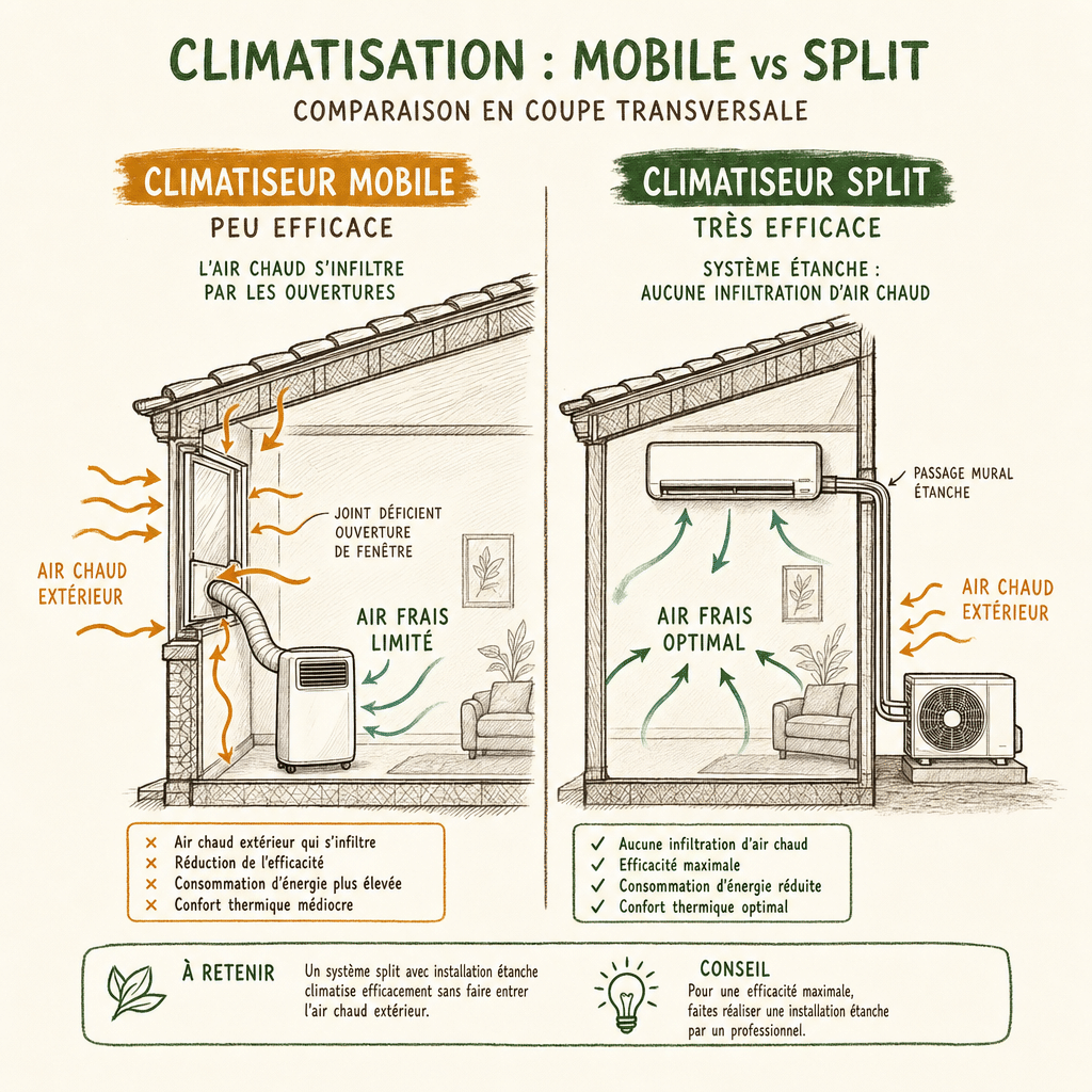 Schéma technique comparant les flux d'air d'un climatiseur mobile face à un système fixe de type split.