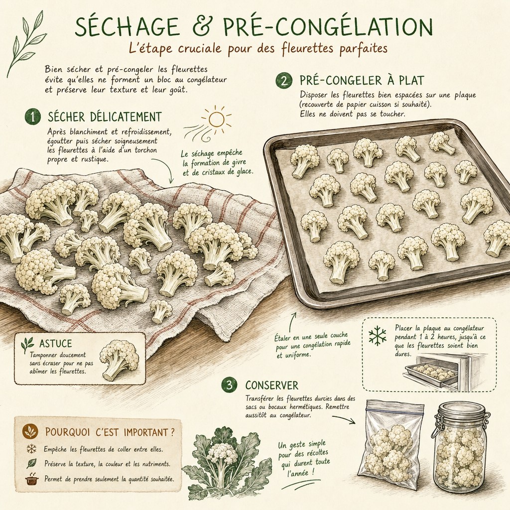 Illustration de la technique de séchage sur torchon et pré-congélation à plat du chou-fleur